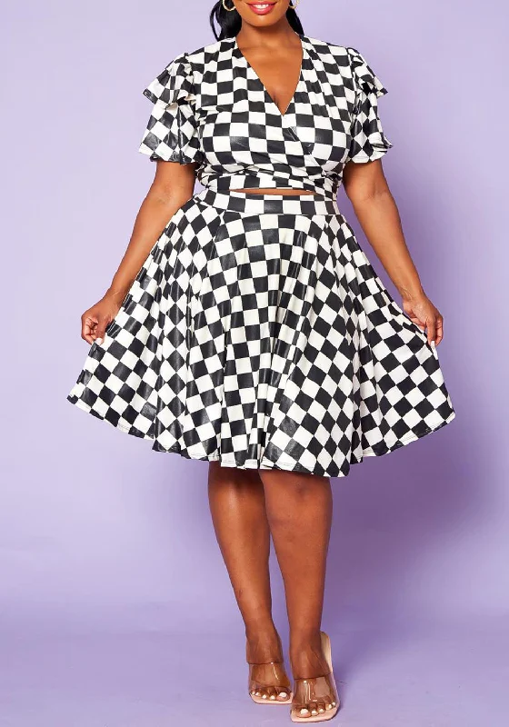Amazing Deals Hi Curvy Plus Size Checkered Print Wrap Top & Flare Skirt Set