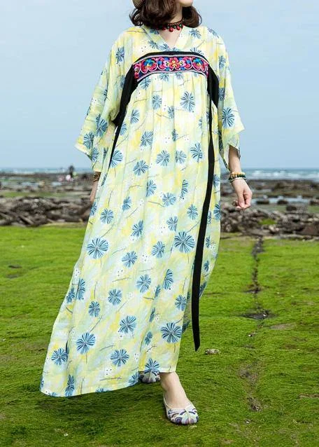 Seasonal Clearance elegant shift dressItalian yellow green print cotton linen clothes For Women o neck Traveling summer Dress