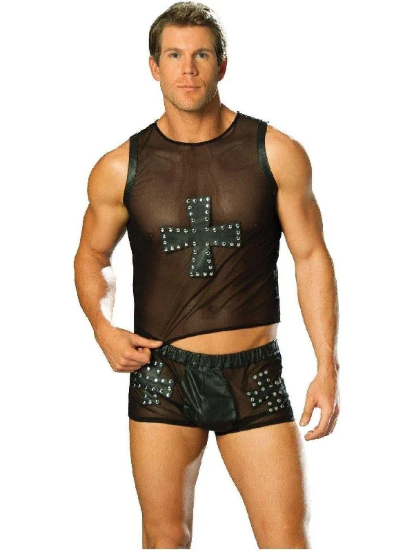 Bargain Prices Elegant Moments L9284 Mesh tank top with leather cross trimmed in nail heads