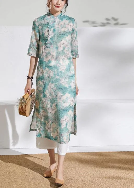Midnight Madness stylish party dressClassy stand collar half sleeve linen summer dresses Outfits green print Dress
