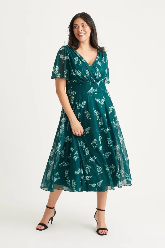 Loyalty Reward casual summer dressVictoria Bottle Green Print Angel Sleeve Mesh Long Midi Dress