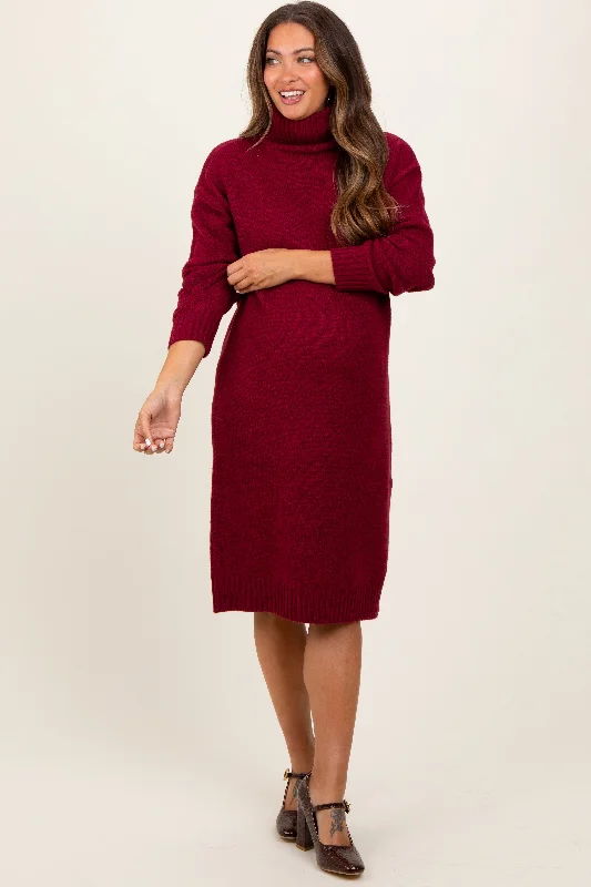 Discount Deals casual day dressBurgundy Turtleneck Side Slit Maternity Midi Sweater Dress