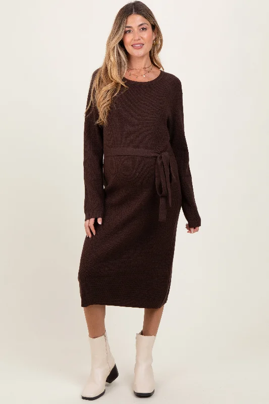 Huge Savings textured dressBrown Waffle Knit Sash Tie Maternity Midi Sweater Dress