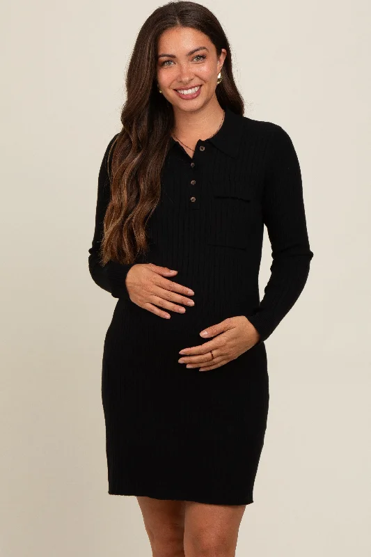 Crazy Deals trendy dressBlack Ribbed Knit Henley Maternity Dress
