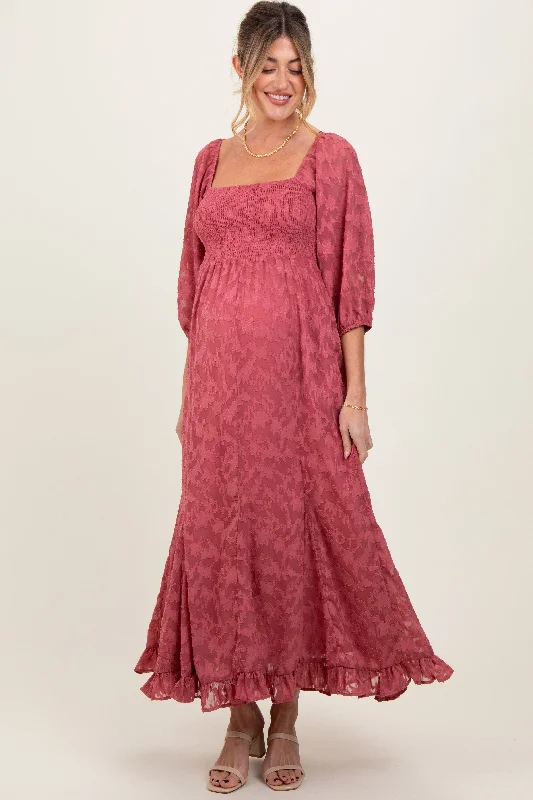 Exclusive Access party dressMauve Textured Overlay Smocked Ruffled Hem Maternity Maxi Dress