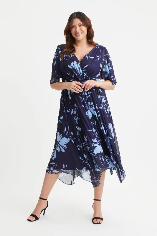 Final Markdown textured dressJulie Navy Blue Hanky Hem Dress