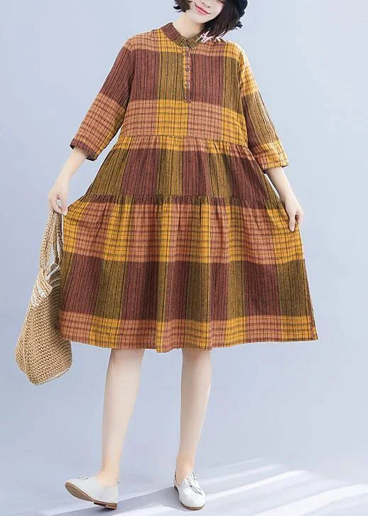 Act Fast summer floral dressNatural yellow plaid linen clothes For Women stand collar Maxi summer Dresses