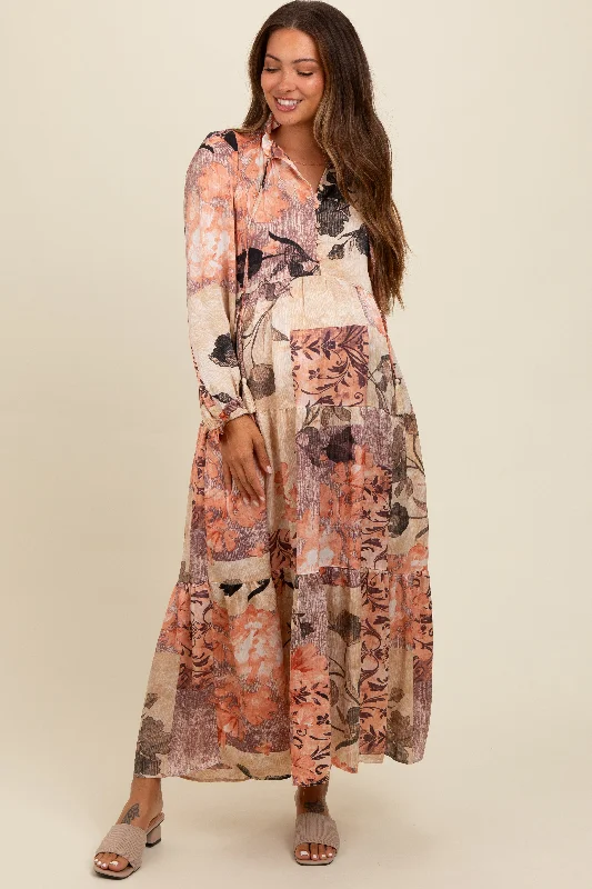 Discount Mania casual summer dressBeige Patchwork Satin Tiered Button Front Maternity Midi Dress