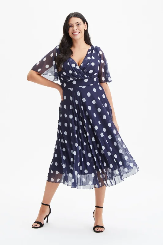 Must-Have Deals casual evening dressCarole Navy Ivory Wrap Bodice Sunray Pleated Skirt Midi Dress