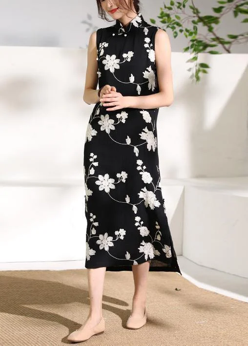 Seasonal Sale evening dressBeautiful black print cotton clothes stand collar side open cotton robes Dresses