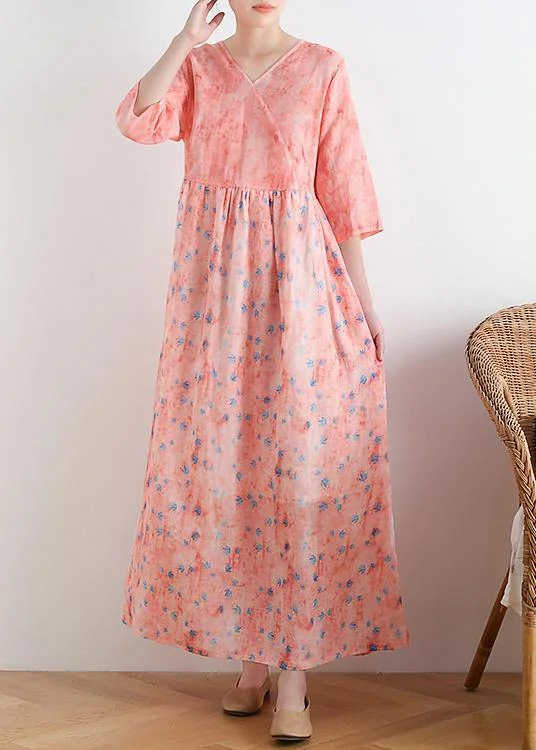 Exclusive Offers elegant maxi dressFrench v neck half sleeve linen summer clothes For Women pink floral Dresses