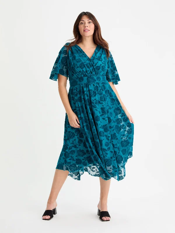 Sneak Peek Sale denim dressJulie Teal Velvet Flock Hanky Hem Dress