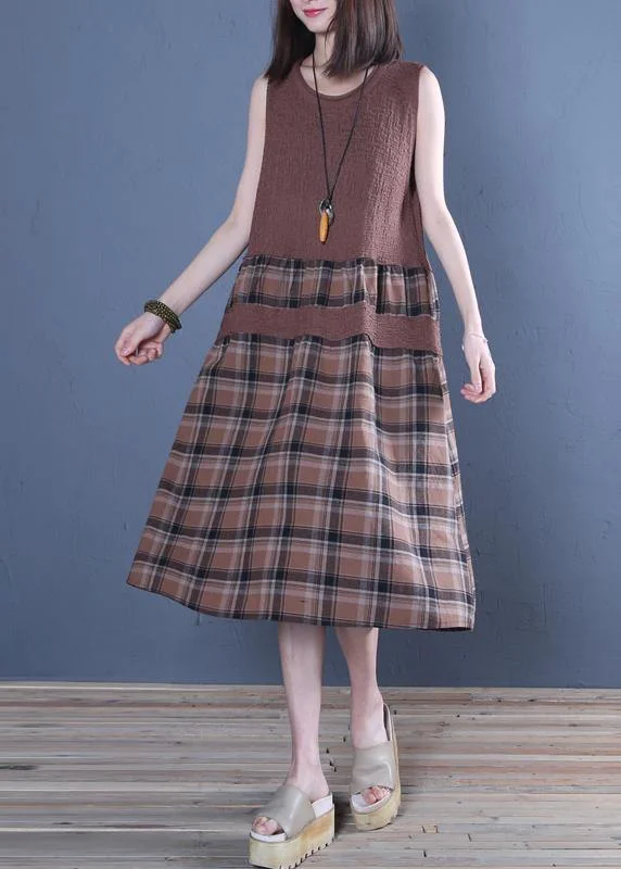 Special Price chic shift dressHandmade chocolate plaid linen dresses o neck patchwork Dress