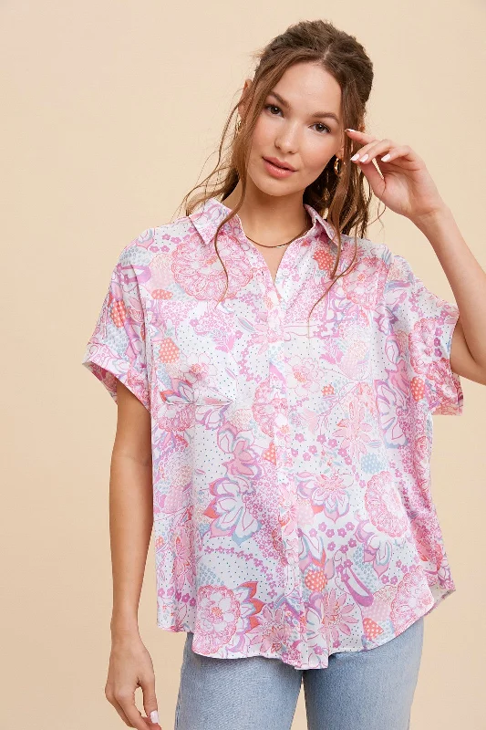 Shop and Save sophisticated dressPink Floral Button Down Blouse