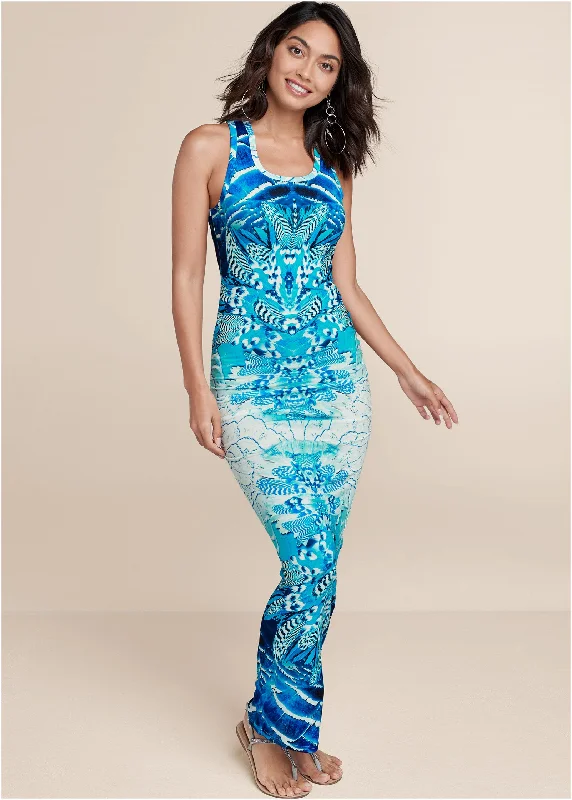 Bargain Bin satin midi dressRuched Printed Maxi Dress - Blue Multi