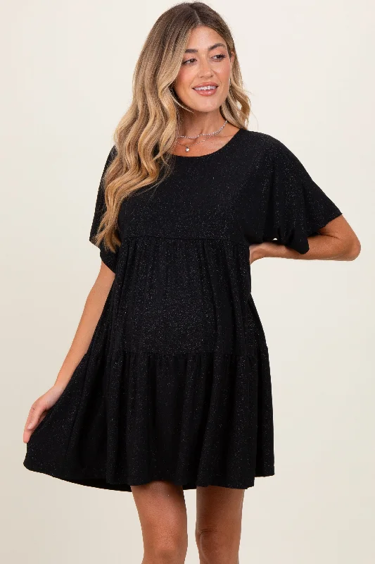 Weekend Deal boho-chic dressBlack Glitter Flutter Sleeve Tiered Maternity Dress