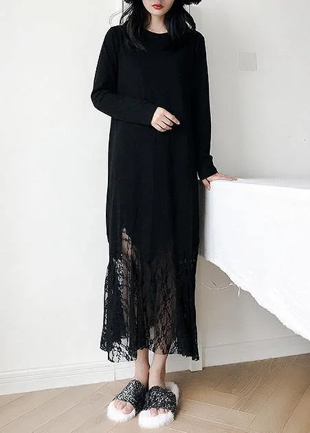 Deep Discounts party dressItalian black cotton dress hollow out Maxi summer patchwork Dress