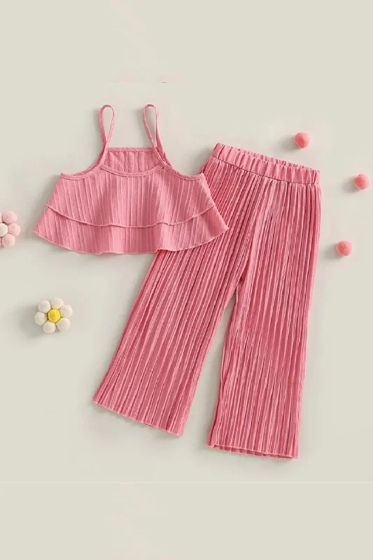 Loyalty Reward Kids Girls Clothes Suits Solid Color Ruffles Sleeveless Sling Tank Tops and Elastic Waist Pleated Wide-Leg Pants 2Pcs Set