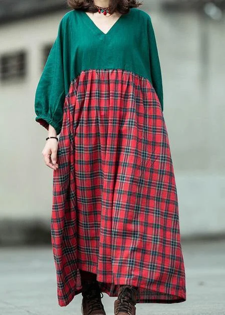 Buy Now vintage-inspired dressHandmade green patchwork Plaid cotton quilting dresses v neck lantern sleeve cotton robes summer Dress