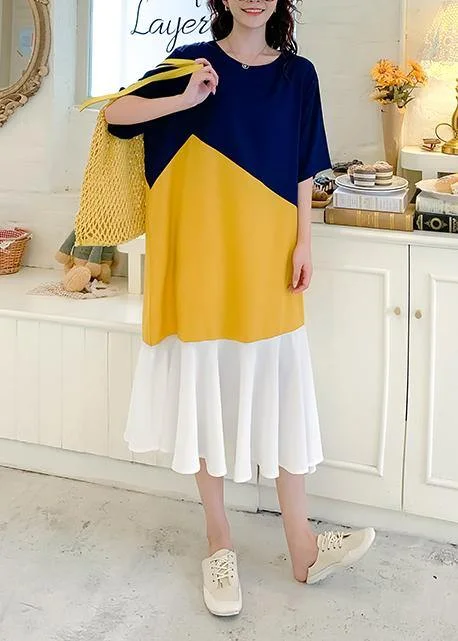 Get It Before It’s Gone stylish dressDIY yellow patchwork cotton clothes Women o neck Ruffles Plus Size Dresses