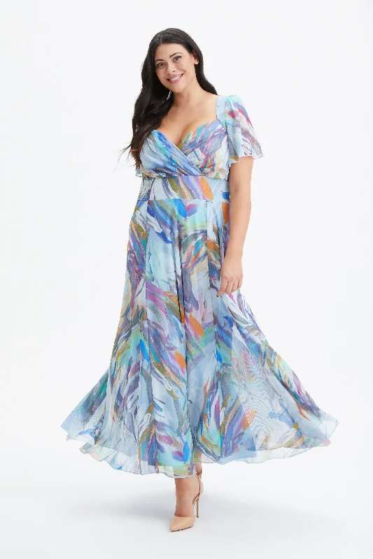 Doorbuster Deal tiered dressKemi Sky Feather Print Bolero Wrap Bodice Maxi Gown