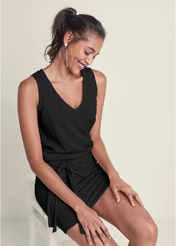 Instant Savings stylish dressV-Neck Side Wrap Mini Dress - Black