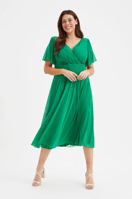 Online Only structured dressVictoria Solid Green Angel Sleeve Mesh Midi Dress