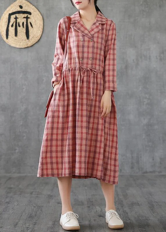 Value Deals casual midi dressLoose pink plaid linen cotton clothes Notched drawstring cotton Dress
