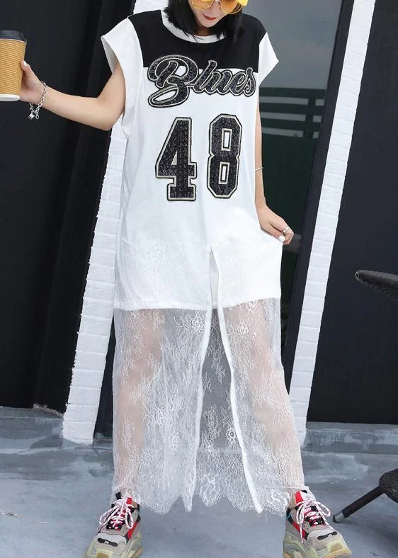 Super Sale office dressElegant white alphabet prints Cotton Tunic patchwork lace tunic summer Dresses