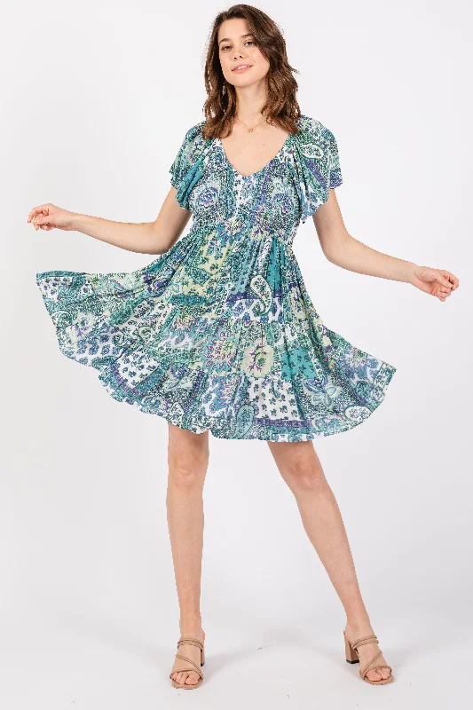 Epic Deals chic wrap dressAqua Floral Ruffle Sleeve Dress