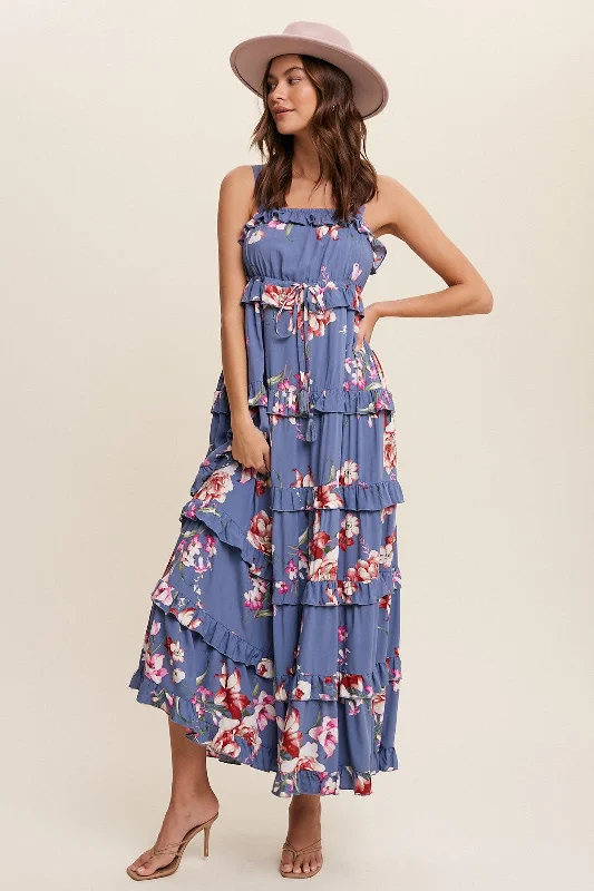 Don’t Miss Out off-the-shoulder dressBlue Floral Sleeveless Tiered Maxi Dress