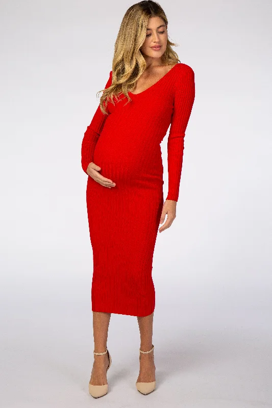 Sale Event velvet dressRed V-Neck Long Sleeve Fitted Maternity Maxi Dress