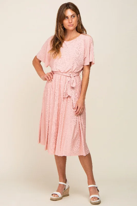 Loyalty Reward sophisticated dressPink Crinkle Knit Tie Waist Short Sleeve Dress