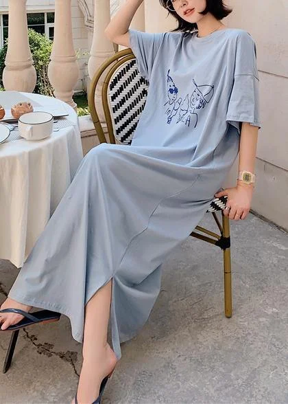 Weekend Deal ruched dressDIY blue o neck cotton tunic dress side open Plus Size Dresses