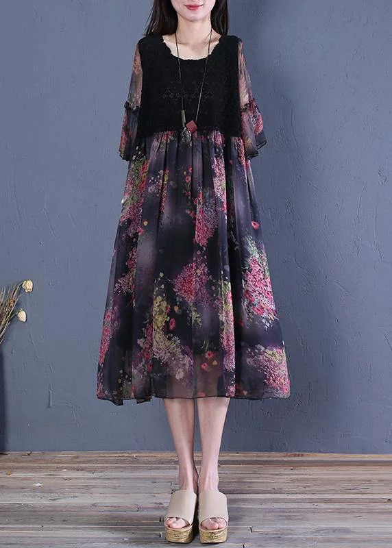 Stock Clearance chic dressModern black print Cotton clothes o neck Butterfly Sleeve short Dresses