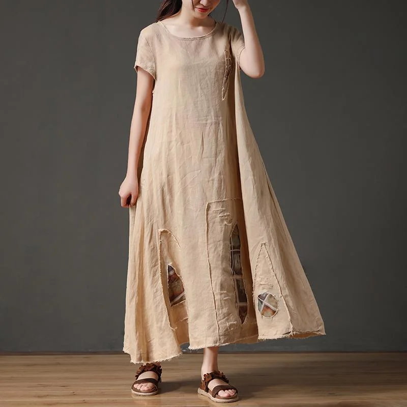 Unbeatable Prices summer floral dressFrench linen clothes For Women Vintage Short Sleeve Beige Loose Women Round Neck Linen Dress