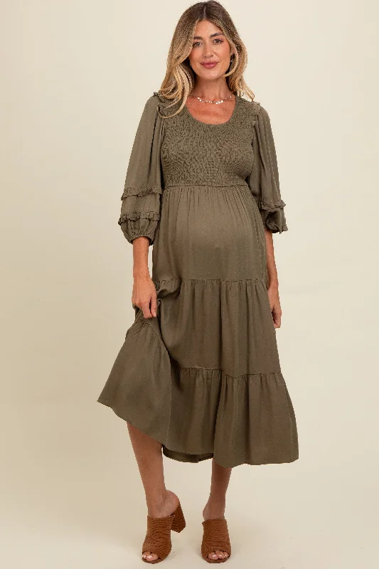 Amazing Deals textured dressOlive Smocked Ruffle Shoulder Tiered Maternity Midi Dress