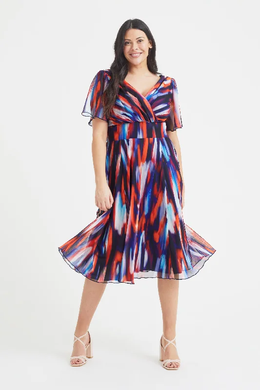 Major Savings trendy dressVictoria Indigo Ikat Angel Sleeve Mesh Long Midi Dress