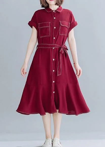 Price Slash elegant evening dressNatural lapel Ruffles linen clothes For Women Work red Dresses