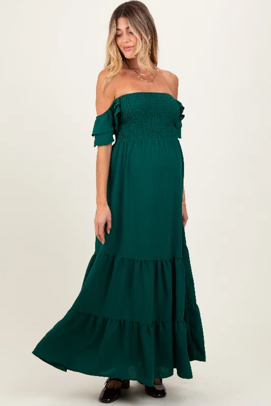 Today’s Special trendy bodycon dressHunter Green Smocked Ruffle Off Shoulder Tiered Maternity Maxi Dress