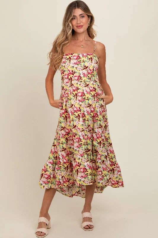 Savings Alert trendy wrap dressYellow Floral Tiered Hi-Low Maternity Midi Dress
