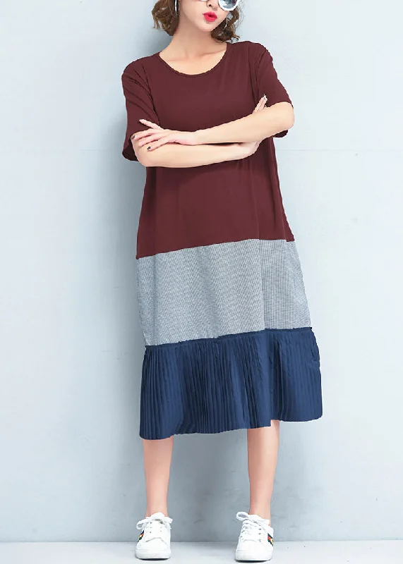 Discount Deals casual slip dressItalian patchwork o neck cotton clothes Women stylish Fabrics red Maxi Dresses Summer