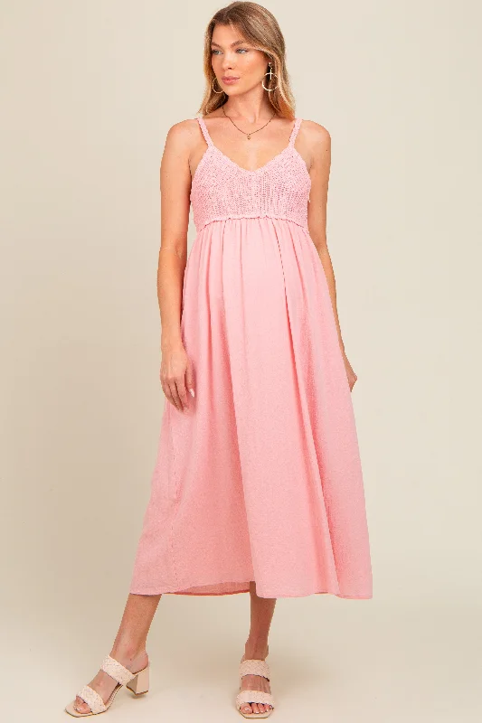 Special Promotion trendy dressPink V-Neck Crochet Top Maternity Midi Dress