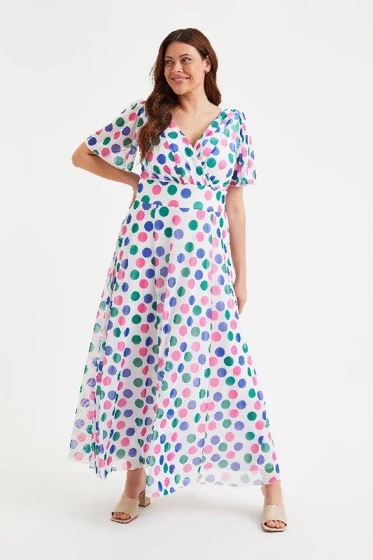 Overstock Sale printed dressIsabelle Ivory Multidot Float Sleeve Maxi Dress