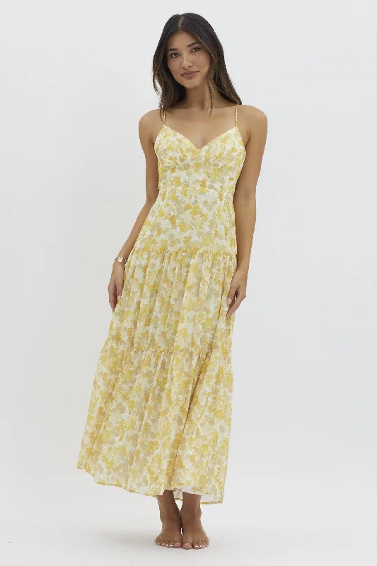 Limited Quantity flowy dressYellow V Neckline Floral Print Maxi Dress