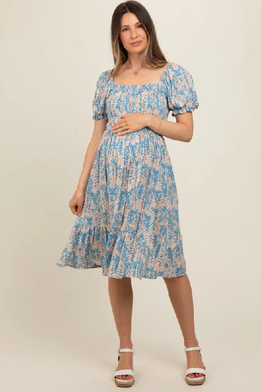 Markdowns chic shift dressBlue Floral Puff Sleeve Smocked Chest Maternity Dress