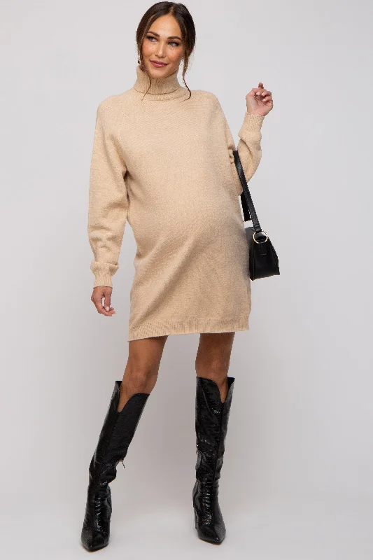 Take Advantage oversized dressBeige Knit Long Sleeve Turtleneck Maternity Sweater Dress