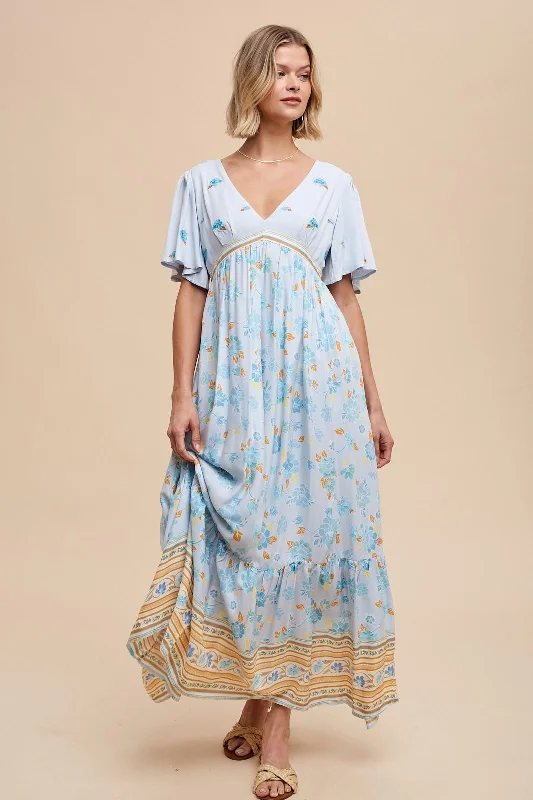 Online Exclusive fitted bodycon dressLight Blue Floral Flounce Sleeve Maxi Dress
