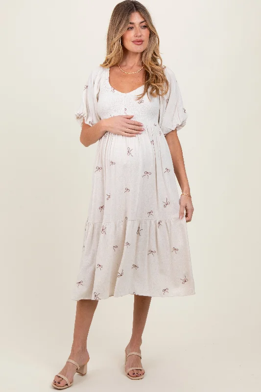 Super Bargain long-sleeve floral dressCream Ribbon Print Smocked Maternity Midi Dress