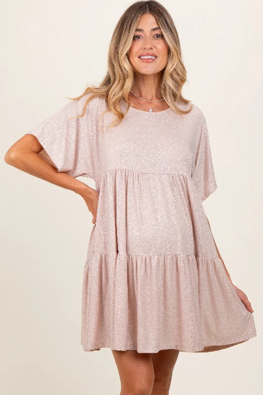 Exclusive Online Offer stylish party dressBeige Glitter Flutter Sleeve Tiered Maternity Dress
